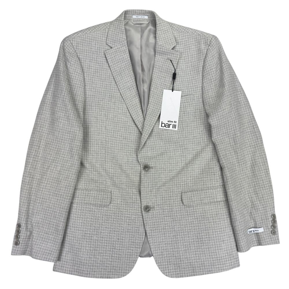 Bar III Mens Linen Blend Slim Fit Plaid Sport Coat Natural Gray 42R